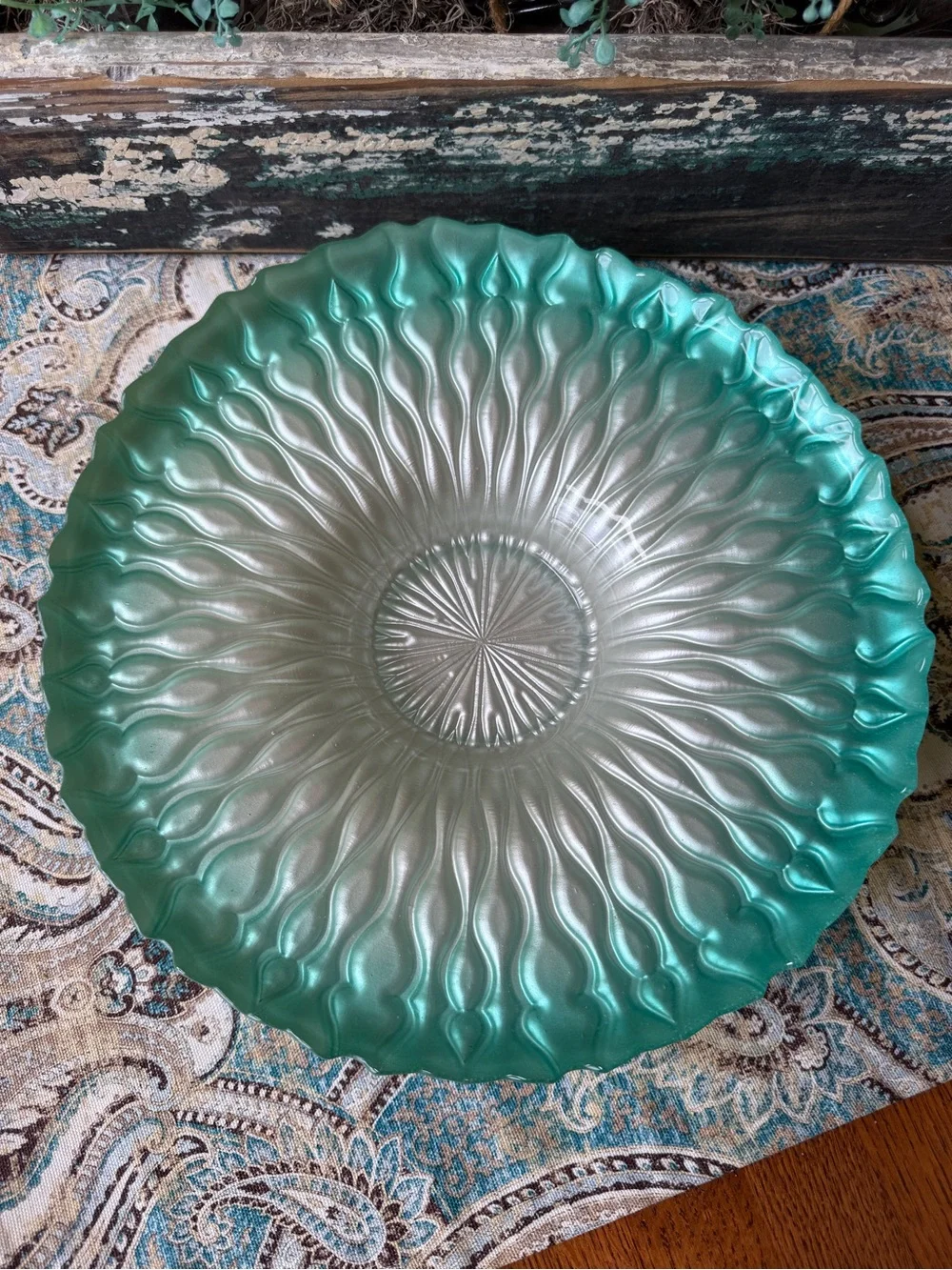 Frosted Art Glass Serving Bowl Aqua Green Ombre Centerpiece Dish 12 Inch